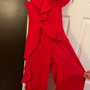 Red Jumpsuit; Holiday Party Outfit; Girls Night Out; Date Night